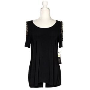 Coco Bianco Top Black Cold Shoulder Gold Chain Strap Detail Top Size Medium NEW